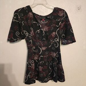 Old College Inn Elegant Black and Red Floral Blouse Size S